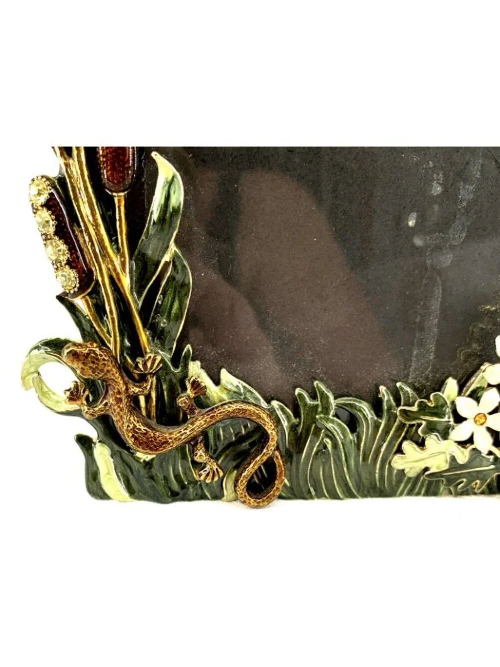 Folio Picture Photo Frame Enamel Crystal Dragonfly Cattail Floral Fauna 4x6”